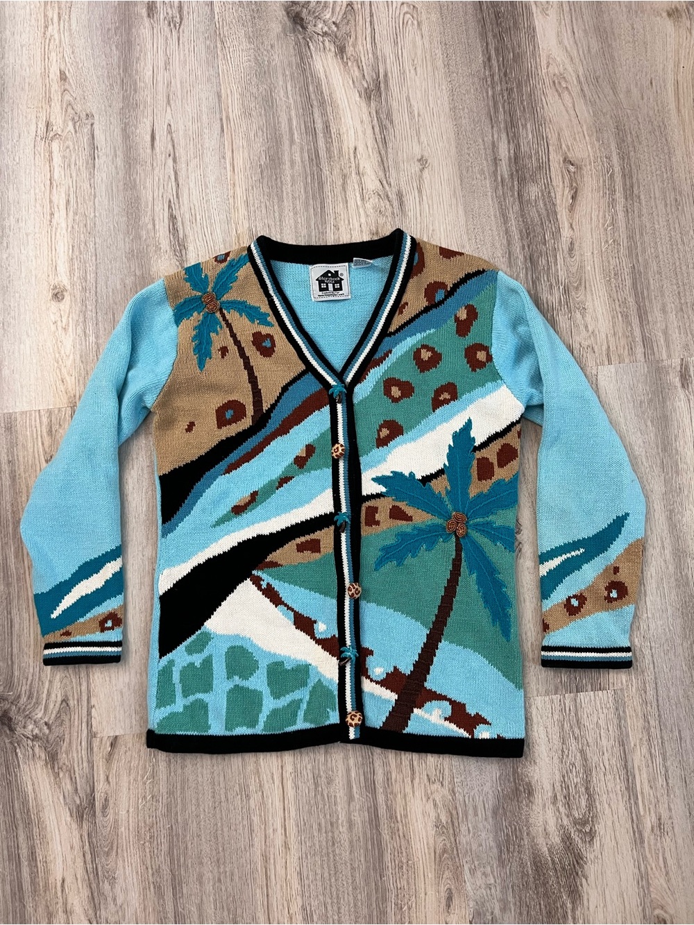 Storybook Knits Light Blue Tropical Palm Tree Leopard Cardigan Vintage 90s